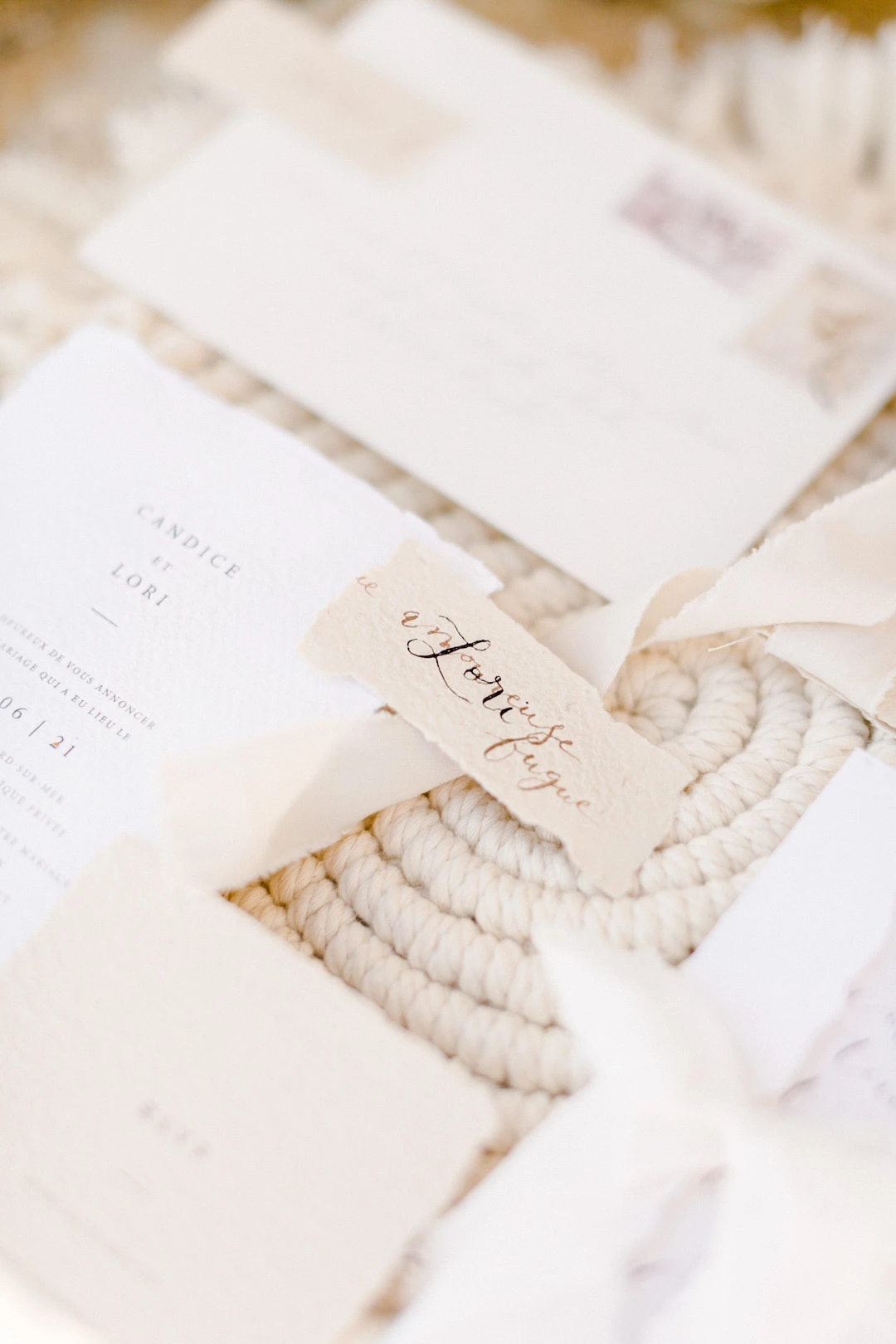 papier noeud faire-part de mariage ruban beige