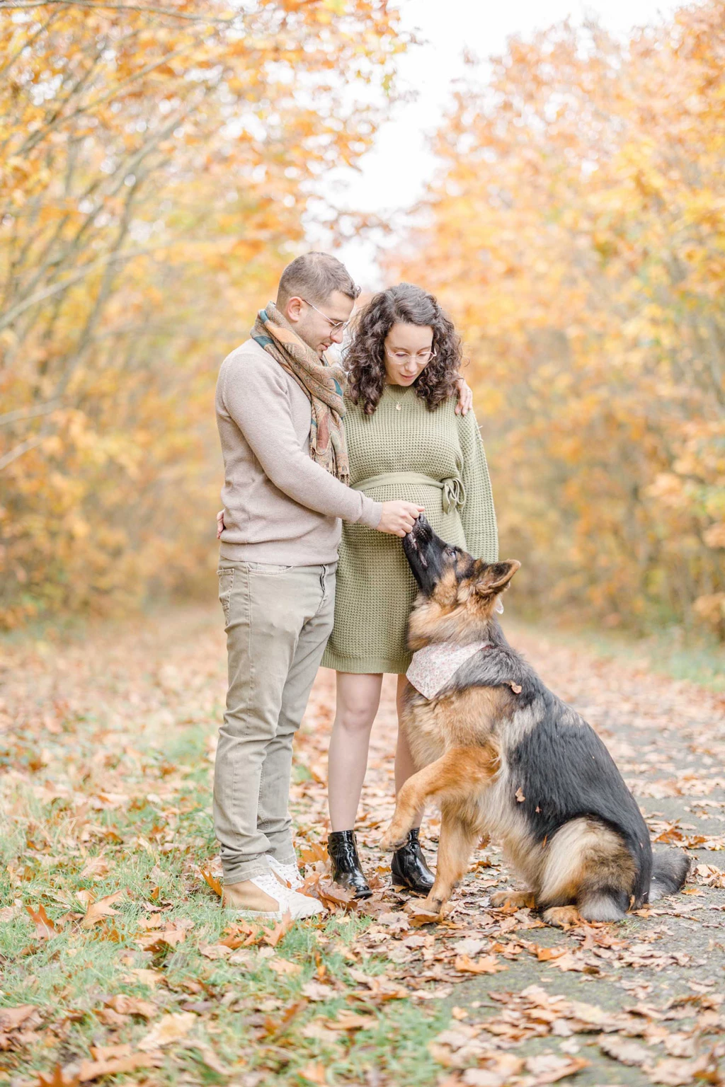 Séance photo famille en automne : couple tendresse avec chien berger allemand dans allée de feuillage doré, ambiance intime et chaleureuse