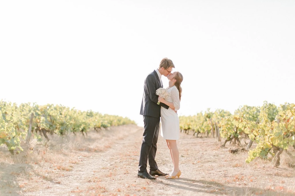 Couple de mariés s'embrassant tendrement au milieu des vignes sous un ciel lumineux