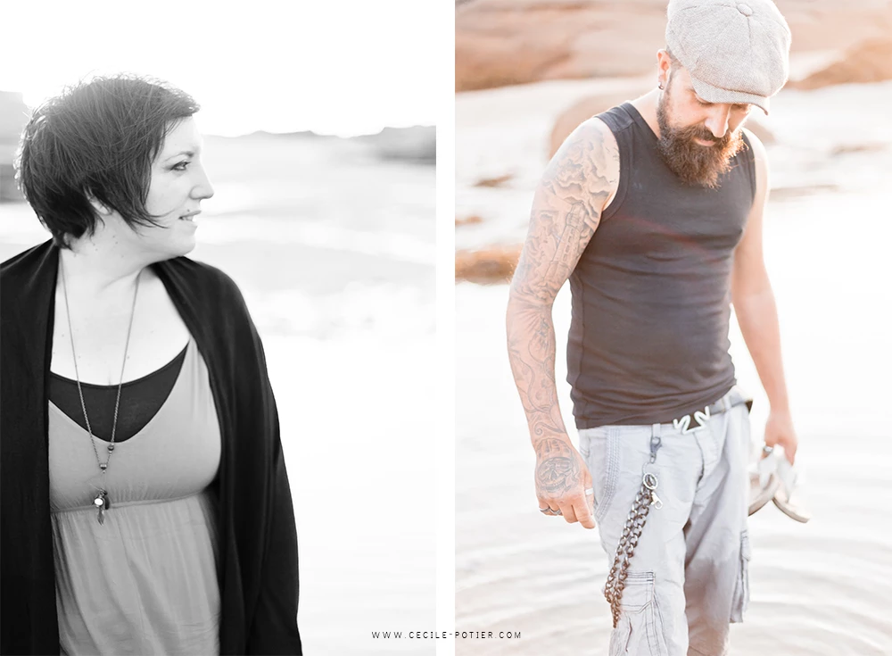 Diptyque portrait couple en noir et blanc et couleur - femme élégante et homme tatouéen complicité intemporelle, ambiance douce et authentique en extérieur vendéen