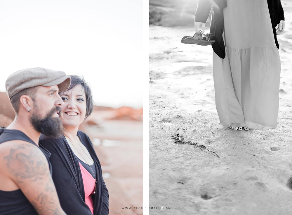Séance photo couple à la plage en noir et blanc, tendresse et complicité sous une lumière dorée, ambiance intemporelle et romantique en bord de mer